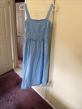Blue Smocked Strap Sundress for petite women mid length Lightweight Summer Dress